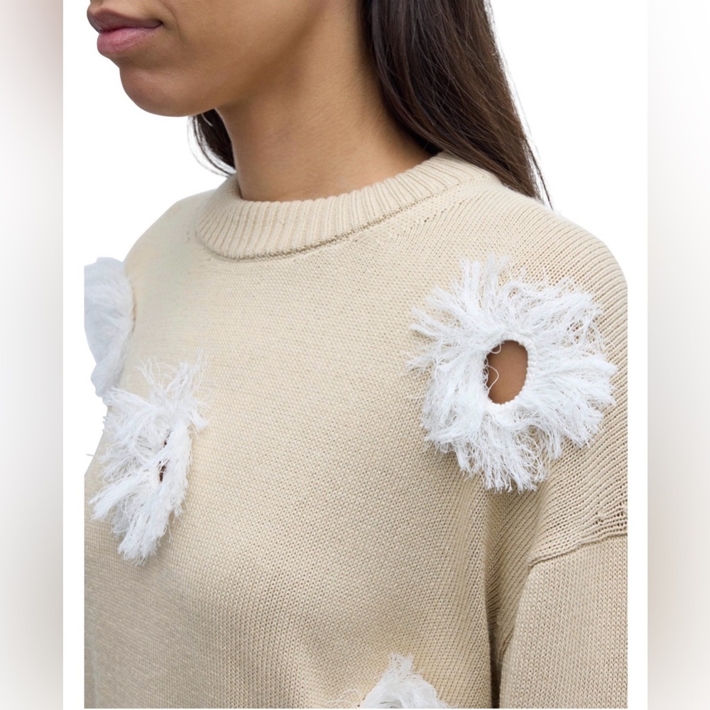 Lafayette 148 New York Feather Fringe Crochet Silk-Blend Sweater Women's Beige S - Picture 2 of 16
